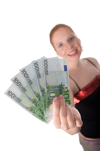Junge Frau Hält Geld Den Händen — Stockfoto