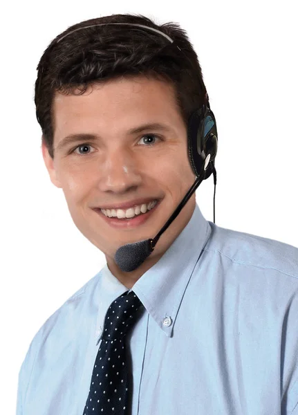 Portret Uśmiechniętego Przedstawiciela Obsługi Klienta Słuchawkami — Zdjęcie stockowe