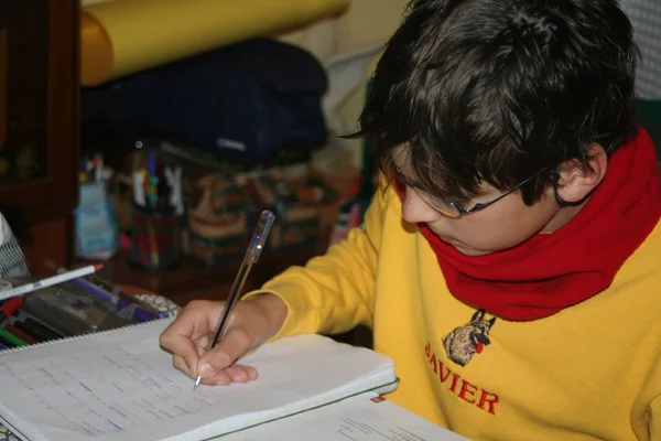 Boy Writing Notebook Original Photoset — Stock Photo, Image