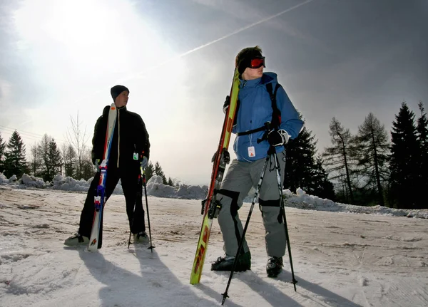 Two Men Backpacks Walking Snow — Stock Photo, Image