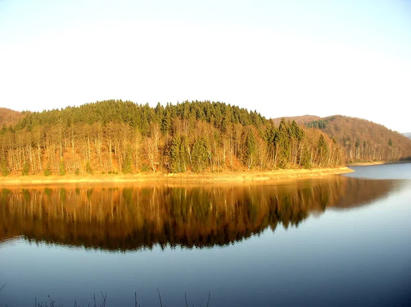 Prachtig Herfstlandschap Met Meer Bos — Stockfoto