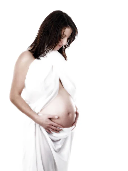 Mulher Grávida Vestido Branco Com Estetoscópio — Fotografia de Stock