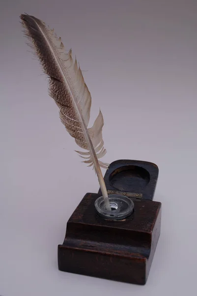 木製の背景に羽ペンとインクウェル — ストック写真