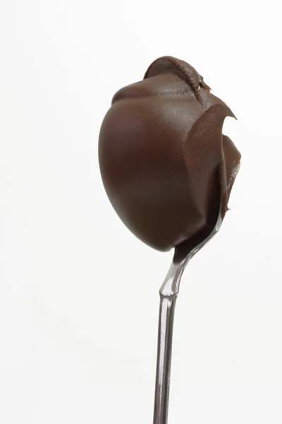 Beyaz Arka Planda Kaşık Üzerinde Çikolata Şekeri — Stok fotoğraf