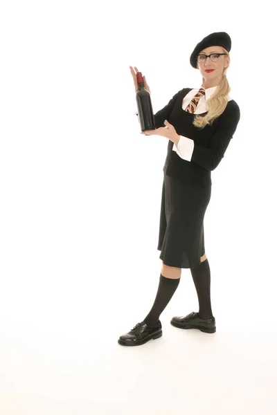 Young Blond Woman Holding Wine Bottle — Fotografia de Stock