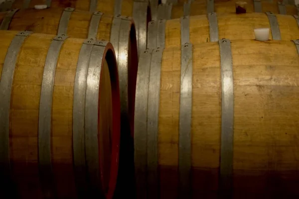 Старые Бочки Вином Подвале — стоковое фото