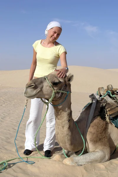 Mujer Golpeada Camello Sahara — Foto de Stock