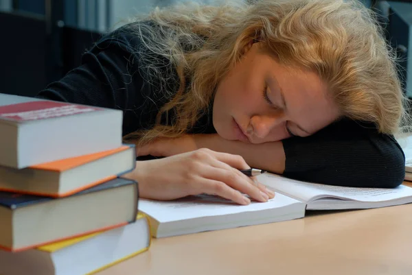 Tired Student Sleeping Library — Stock Photo, Image