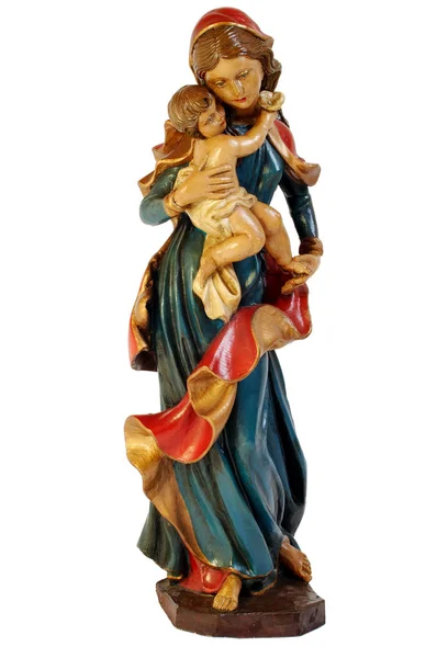 Estatua Madonna Hecha Madera Con Niño Sus Brazos — Foto de Stock