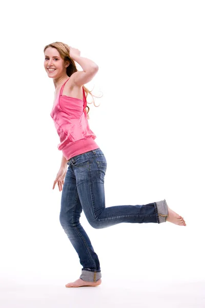 Mujer Joven Saltando Sobre Fondo Blanco — Foto de Stock