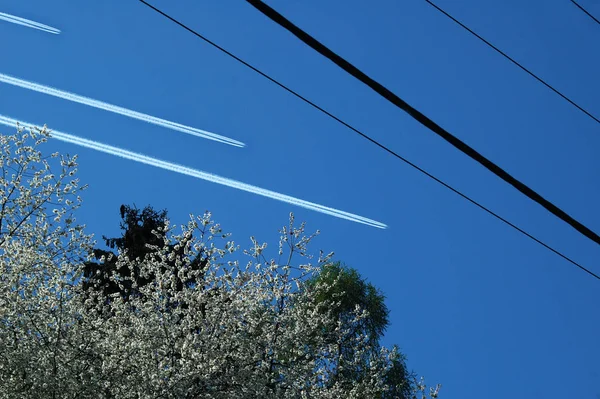 Rasto Vapor Céu Nuvens Forma Linha Produzidas Por Aeronaves — Fotografia de Stock