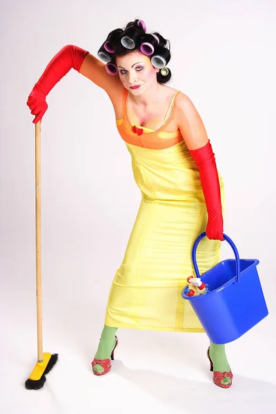 Young Woman Yellow Dress Broom — Stock Photo, Image