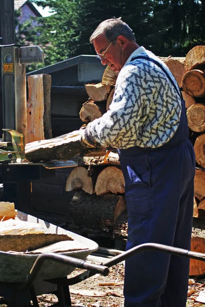 Man Cutting Firewood Garden — Stock Photo, Image