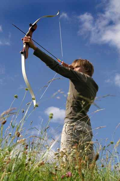 Young Woman Blue Dress Sword Field — Stock Photo, Image