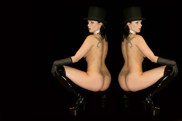 Deux Femmes Sexy Lingerie Noire Bas Avec Fouet — Photo