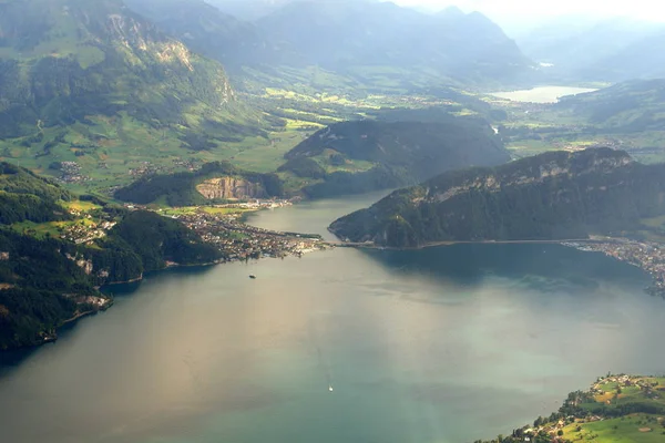 Recorded Flight Central Switzerland View Canton Obwalden Motorway Bridge Lake — Stock Photo, Image