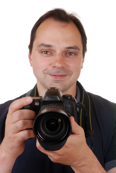 Fotógrafo Com Câmera Isolada Branco Imagem De Stock