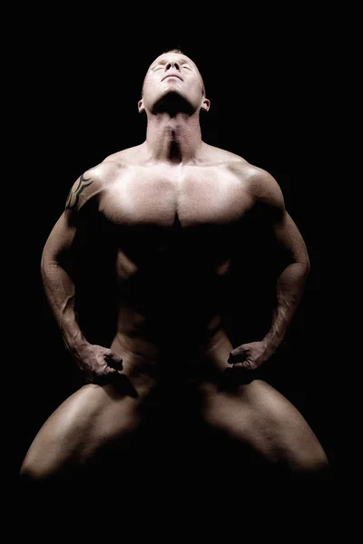 Muscular Man Naked Torso Black Background — Stock Photo, Image