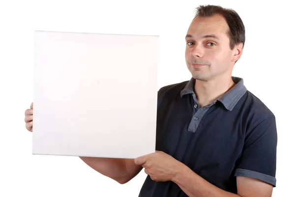 Young Man Holding Blank Board Isolated White Background Stock Picture