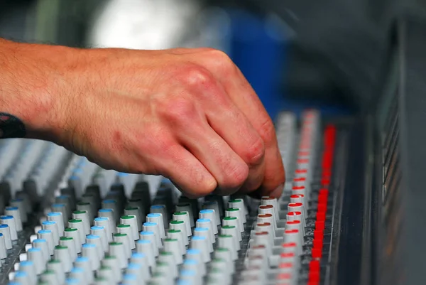 Close Male Hand Adjusting Sound Mixer — Stock Photo, Image