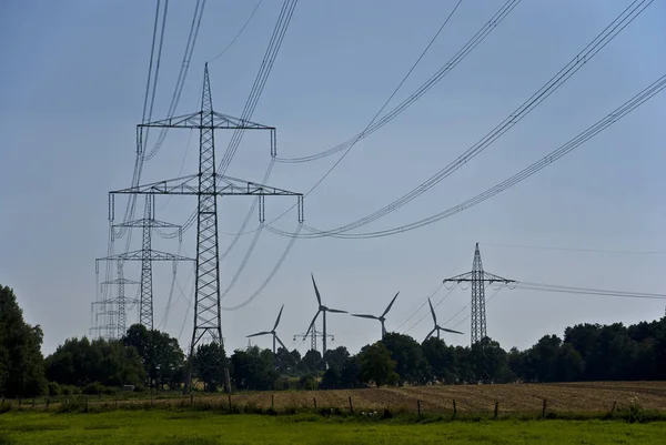 Elektriciteitsleidingen Draden Het Veld — Stockfoto