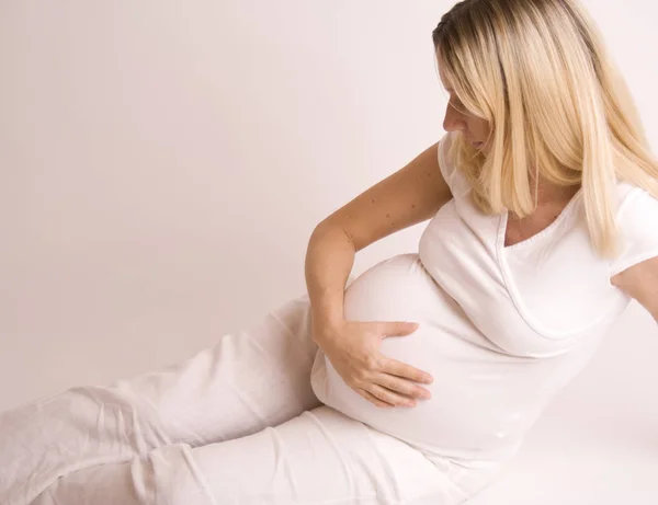 Pregnant Woman White Shirt Hands Her Belly — Stock Photo, Image