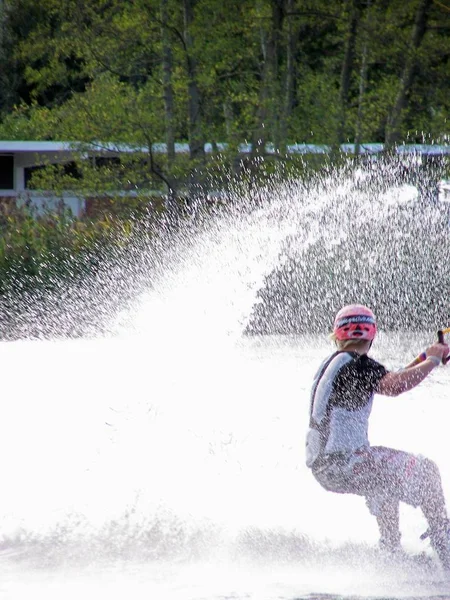 Young Woman Cap Jumping Water — Stock Photo, Image