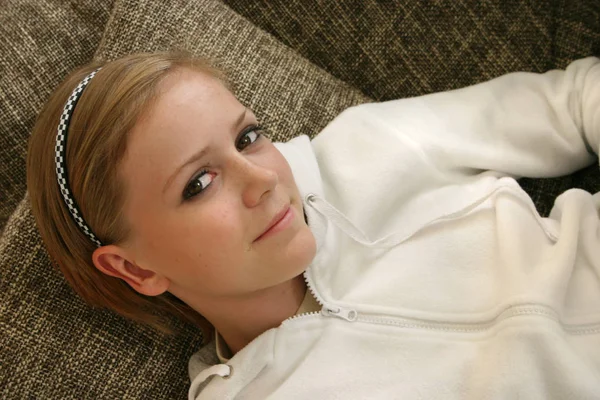 Young Girl White Shirt Black Headphones — Stock Photo, Image