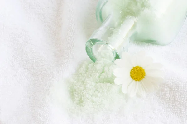 Spa Composition Fresh Green Salt White Towel Table — Stock Photo, Image