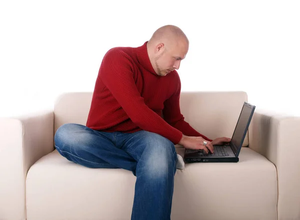 Young Man Sitting Couch Laptop Stock Image