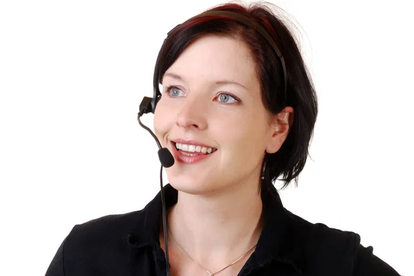 Retrato Una Joven Mujer Negocios Con Auriculares — Foto de Stock