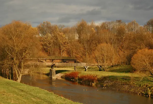 Herfst Landschap Met Rivier Bomen — Stockfoto