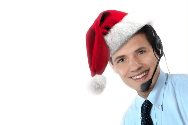 Call Center Agent Mit Weihnachtsmütze — Stockfoto