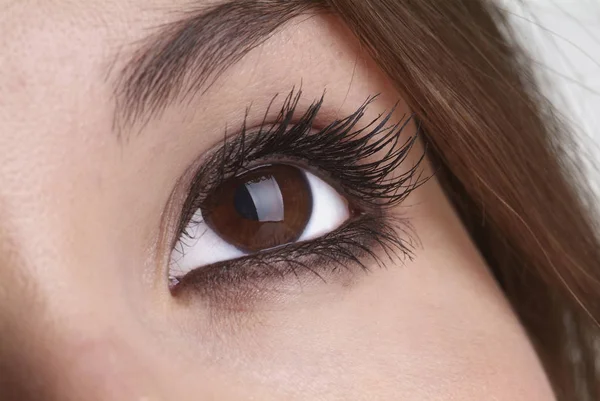 close-up of a woman's eye with a black background