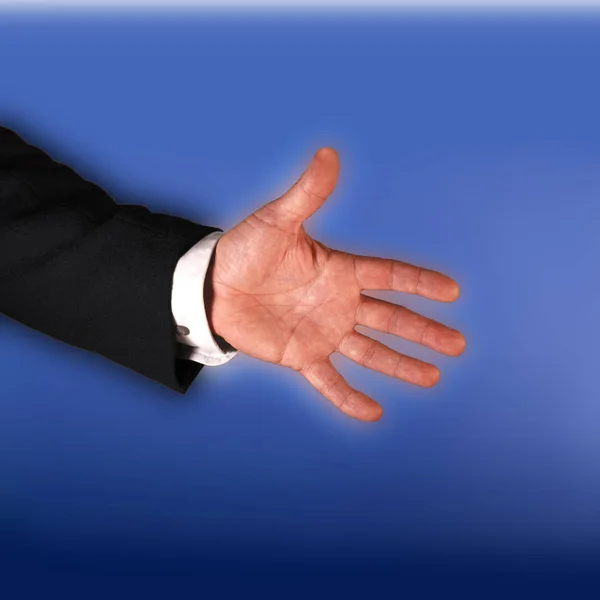 Üzletember Kéz Hüvelykujj Fel Kék Háttér — Stock Fotó