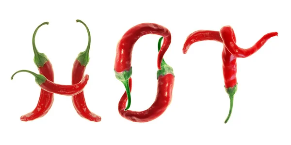 Heet Woord Gemaakt Van Rode Chili Pepers Geïsoleerd Witte Achtergrond — Stockfoto