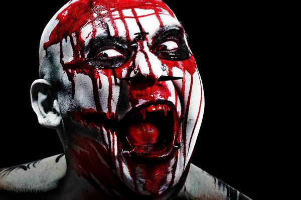 Scary Bloody Face Red Paint Black Background — Stock Photo, Image