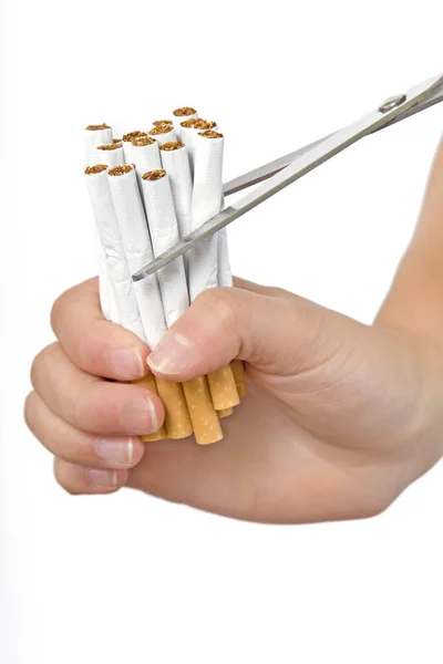 Mão Segurando Cigarros Isolados Branco — Fotografia de Stock