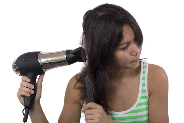 Young Woman Drying Hair Dryer Isolated White Stock Picture