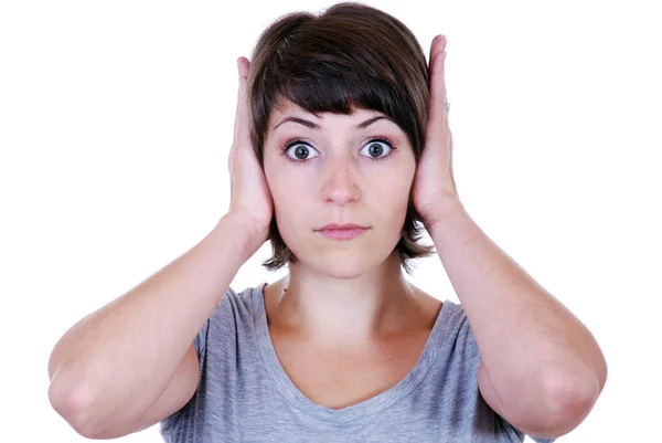 Junge Frau Mit Kopfschmerzen Isoliert Auf Weiß — Stockfoto