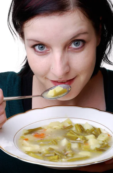 Jovem Mulher Comendo Uma Sopa — Fotografia de Stock