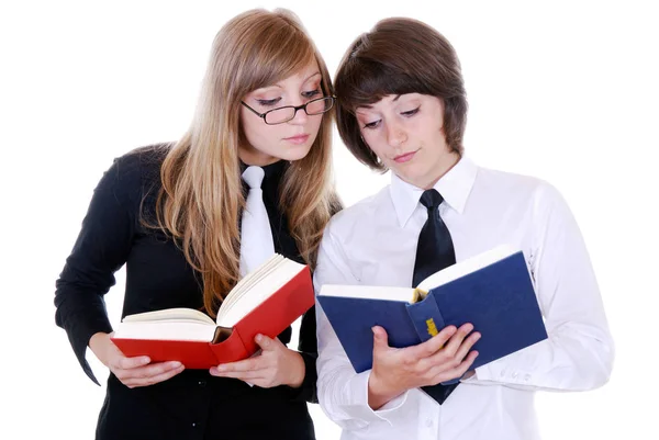 Dos Jóvenes Empresarias Con Libros Aislados Blanco — Foto de Stock