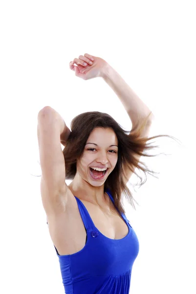 Young Woman Blue Shirt Arms Raised — Stock Photo, Image