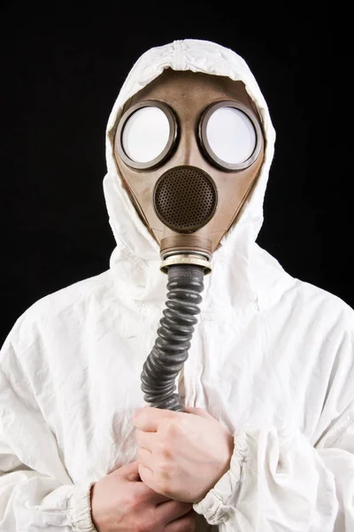 Man Gas Mask Holding Can Nuclear Power Plant — Stock Photo, Image