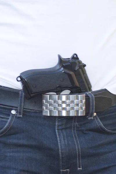 Handfeuerwaffe Der Tasche Einer Blauen Jeans — Stockfoto