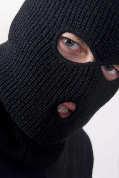 Ladrón Con Máscara Negra Balaclava Sobre Fondo Blanco — Foto de Stock