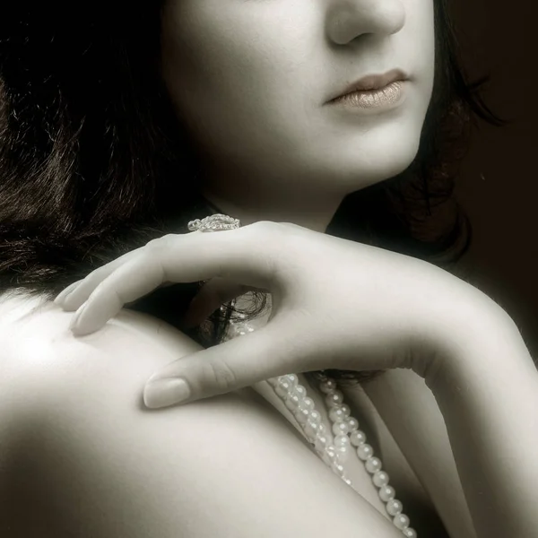 Beautiful Woman Black Beads Stock Photo