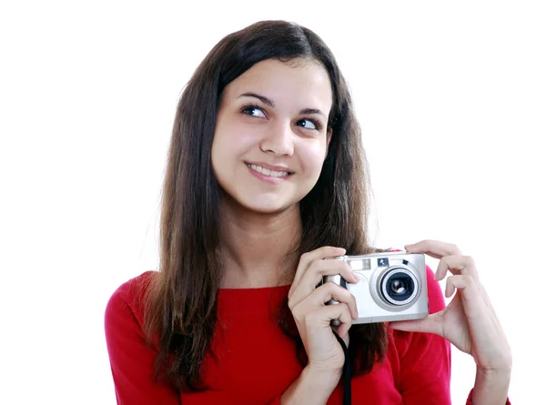 Menina Com Câmera Digital — Fotografia de Stock