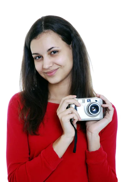 Menina Com Câmera Digital — Fotografia de Stock