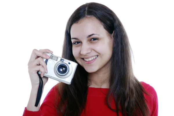 Menina Com Câmera Digital — Fotografia de Stock